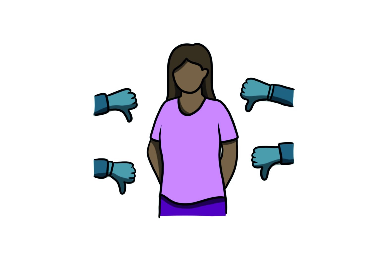 a distressed person with thumbs down around