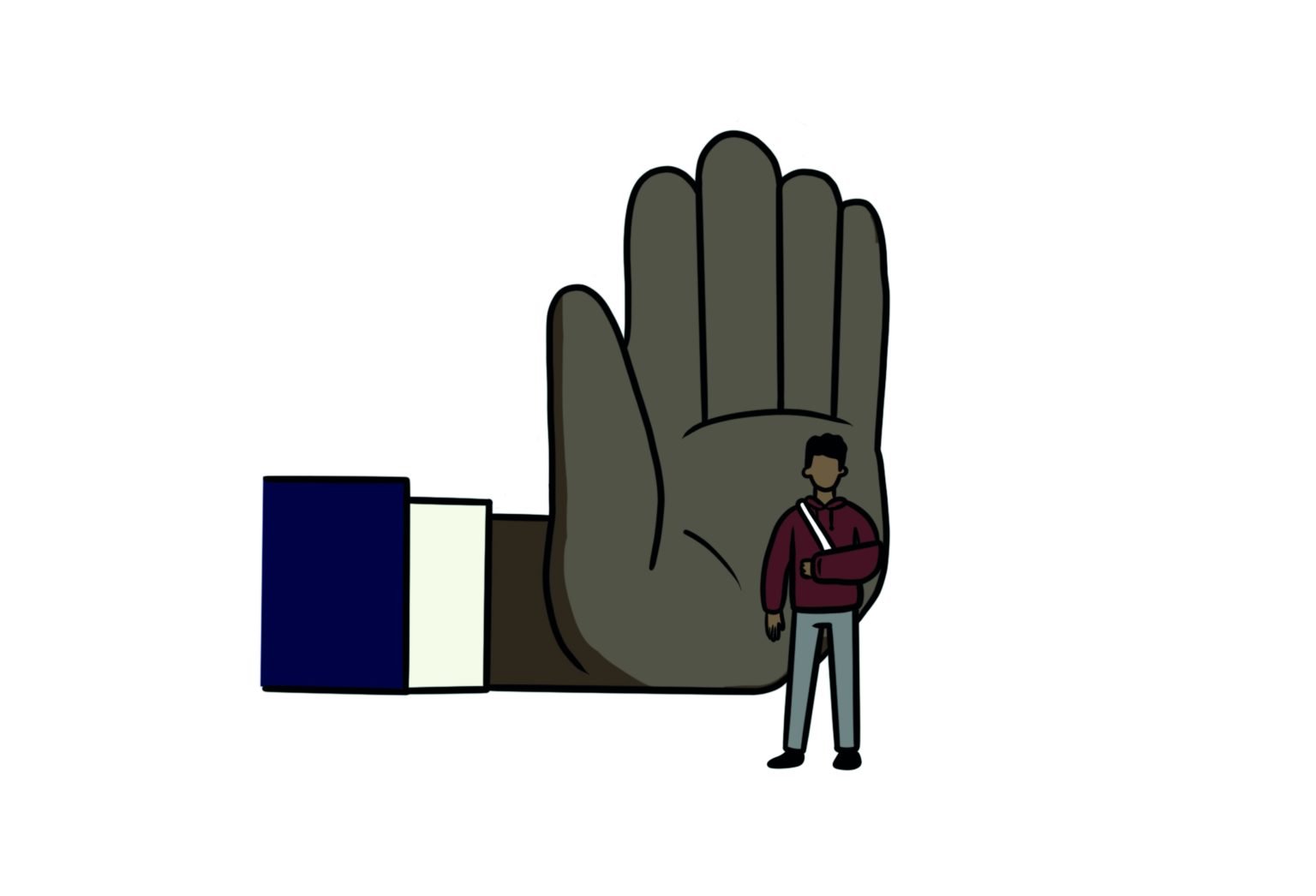 a big hand pushing an injured worker