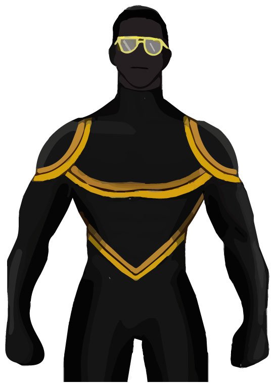 a colored superhero with a great suit with gold details